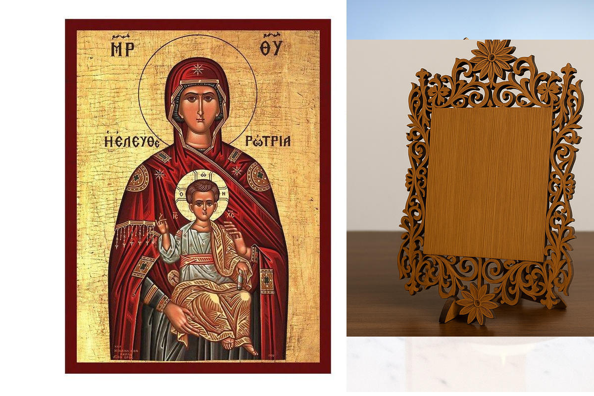 Εικόνα Ορθοδοξίας Δαντέλα μαζι με  Βάση σε  8 χρώματα με περίγραμμα χρυσό σε ξύλο Plywood (Πλακάζ)   με  βάση Παναγία Η λυτρωτής εικόνα, Χειροποίητη ελληνική εικόνα της Παναγίας Ελευθερώτριας, επιτοίχια πλάκα βυζαντινής τέχνης, χριστιανικό δώρο Διάσταση 4