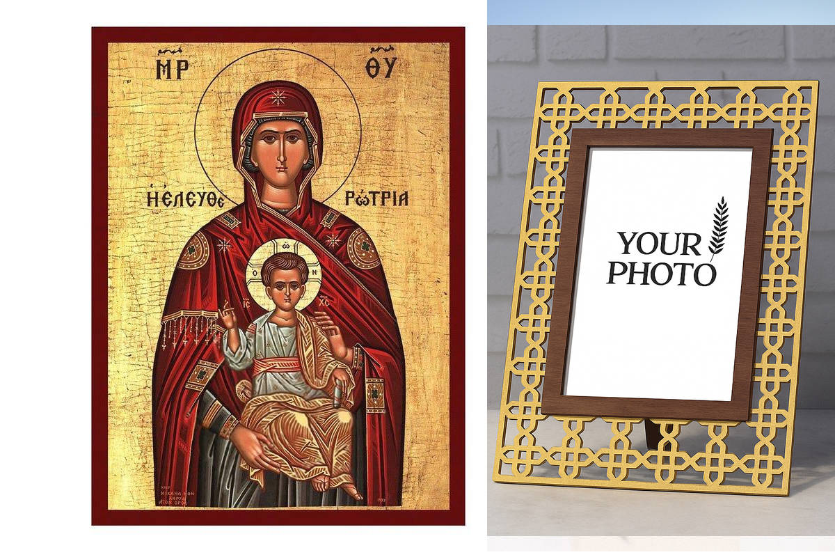 Εικόνα Ορθοδοξίας Πολυτελείας  με  σχεδιο Σταυρούς μαζι με  Βάση σε  8 χρώματα με περίγραμμα χρυσό σε ξύλο Plywood (Πλακάζ)   με  βάση Παναγία Η λυτρωτής εικόνα, Χειροποίητη ελληνική εικόνα της Παναγίας Ελευθερώτριας, επιτοίχια πλάκα βυζαντινής τέχνης, χρ