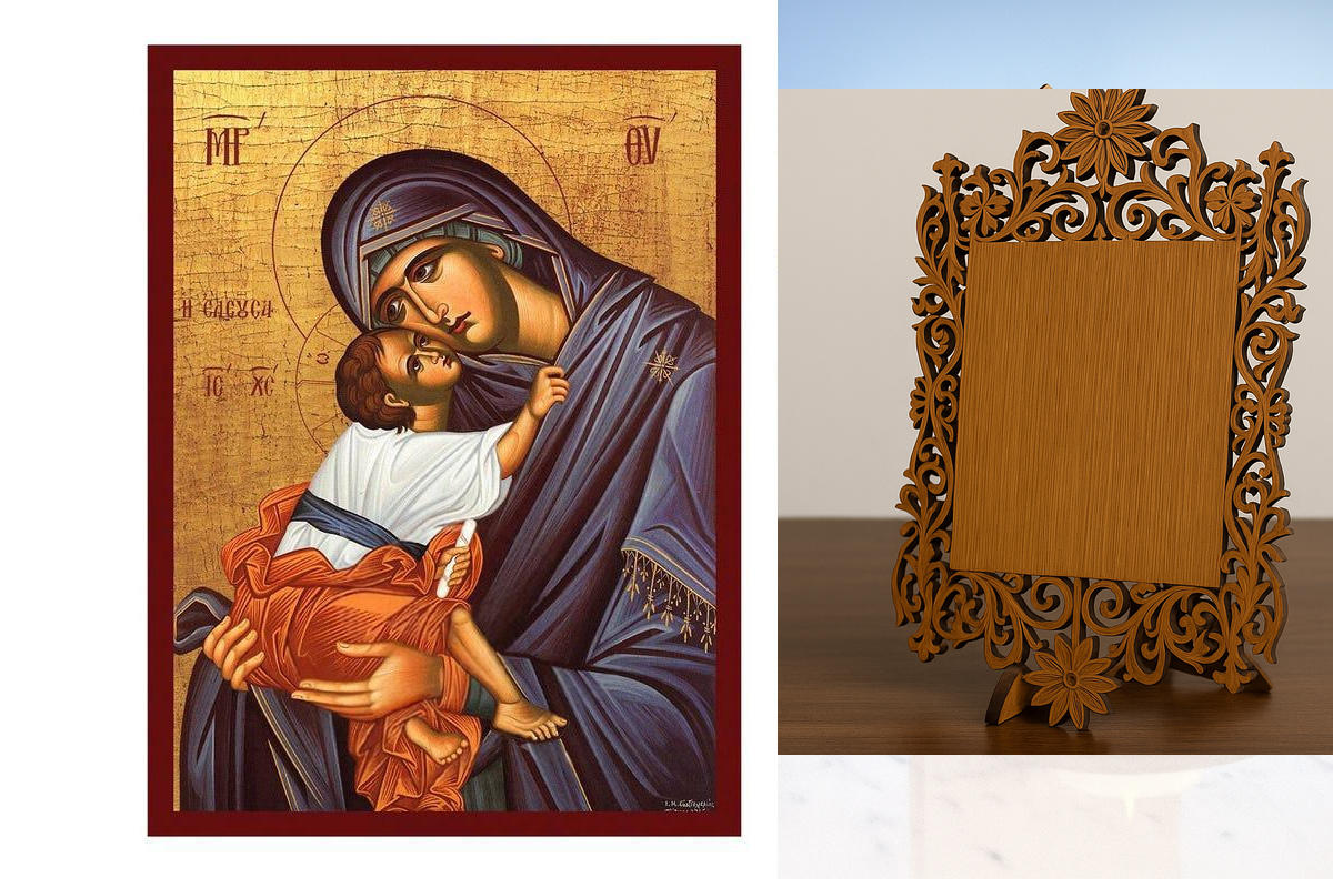 Εικόνα Ορθοδοξίας Δαντέλα μαζι με  Βάση σε  8 χρώματα με περίγραμμα χρυσό σε ξύλο Plywood (Πλακάζ)   με  βάση Παναγία Η Ελεήμων Μητέρα Εικόνα, Χειροποίητη Ελληνική εικόνα της Παναγίας Ελεούσας, επιτοίχια βυζαντινή τέχνη, χριστιανικό δώρο Διάσταση 40x30 cm