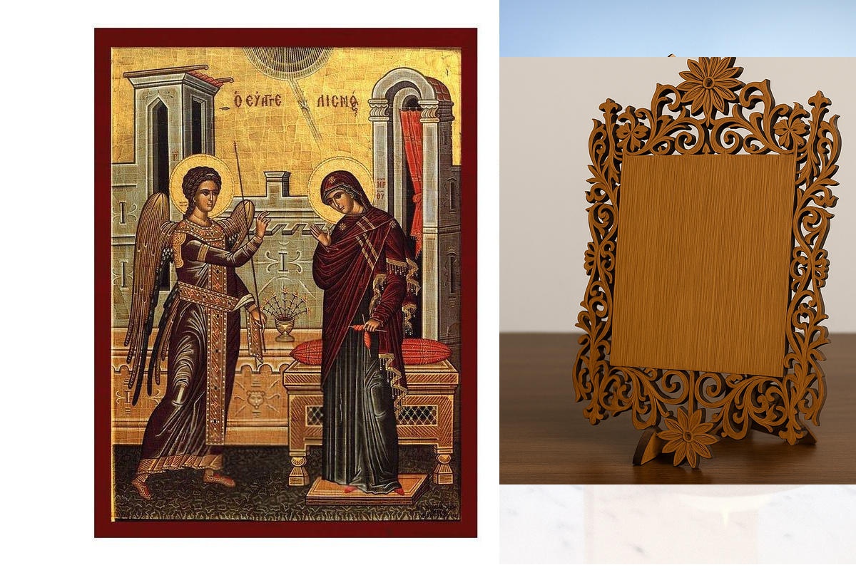 Εικόνα Ορθοδοξίας Δαντέλα μαζι με  Βάση σε  8 χρώματα με περίγραμμα χρυσό σε ξύλο Plywood (Πλακάζ)   με  βάση Ευαγγελισμός της Θεοτόκου εικόνας, Χειροποίητη Ελληνική εικόνα Ευαγγελισμού Της Θεοτόκου, Κρεμαστή πλάκα βυζαντινής τέχνης, χριστιανικό δώρο Διάσ