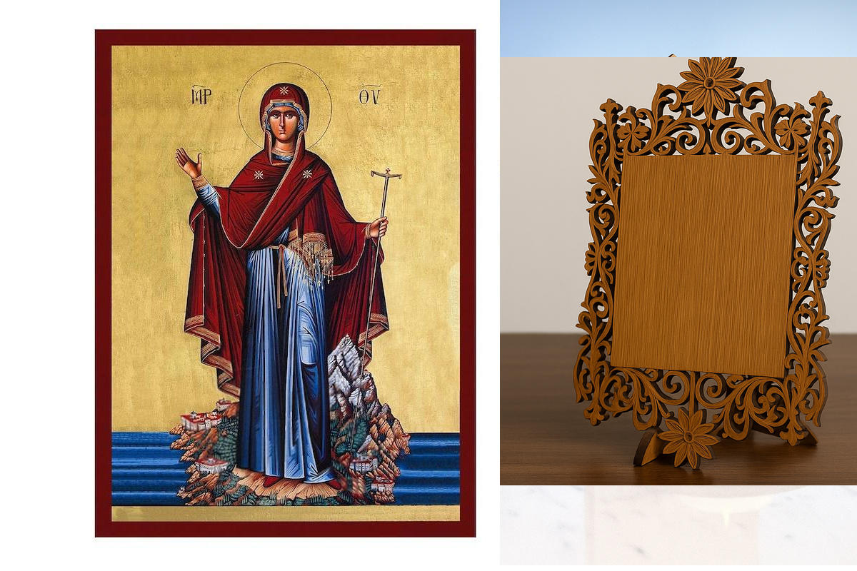 Εικόνα Ορθοδοξίας Δαντέλα μαζι με  Βάση σε  8 χρώματα με περίγραμμα χρυσό σε ξύλο Plywood (Πλακάζ)   με  βάση Παναγία Αγιορείτικη εικόνα, Χειροποίητη ελληνική εικόνα της Παναγίας του Αγίου Όρους, επιτοίχια βυζαντινή τέχνη, χριστιανικό δώρο Διάσταση 40x30