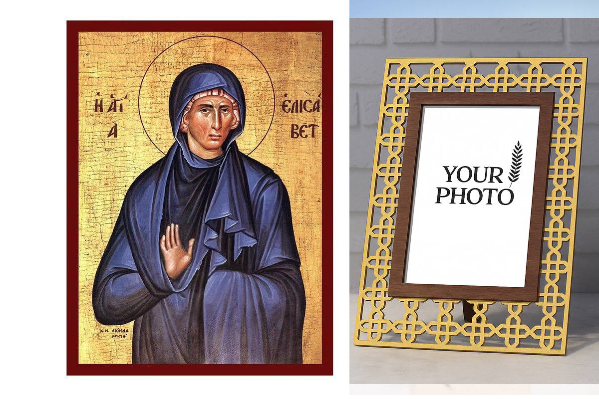 Εικόνα Ορθοδοξίας Πολυτελείας  με  σχεδιο Σταυρούς μαζι με  Βάση σε  8 χρώματα με περίγραμμα χρυσό σε ξύλο Plywood (Πλακάζ)   με  βάση Εικόνα Αγίας Ελισάβετ, Χειροποίητη Ελληνική εικόνα Ελισάβετ, Μητέρας του Αγίου Ιωάννη του Προδρόμου, επιτοίχια πλάκα βυζ