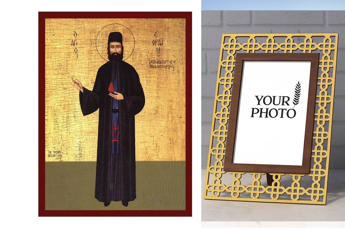 Σετ 2 τεμαχίων – Εικόνα Ορθοδοξίας Πολυτελείας  με  σχεδιο Σταυρούς μαζι με  Βάση σε  8 χρώματα με περίγραμμα χρυσό σε ξύλο Plywood (Πλακάζ)   με  βάση Εικόνα Αγίου Εφραίμ Νέας Μάκρης, Χειροποίητη Ελληνική εικόνα Αγίου Εφραίμ, επιτοίχια πλάκα βυζαντινής τ