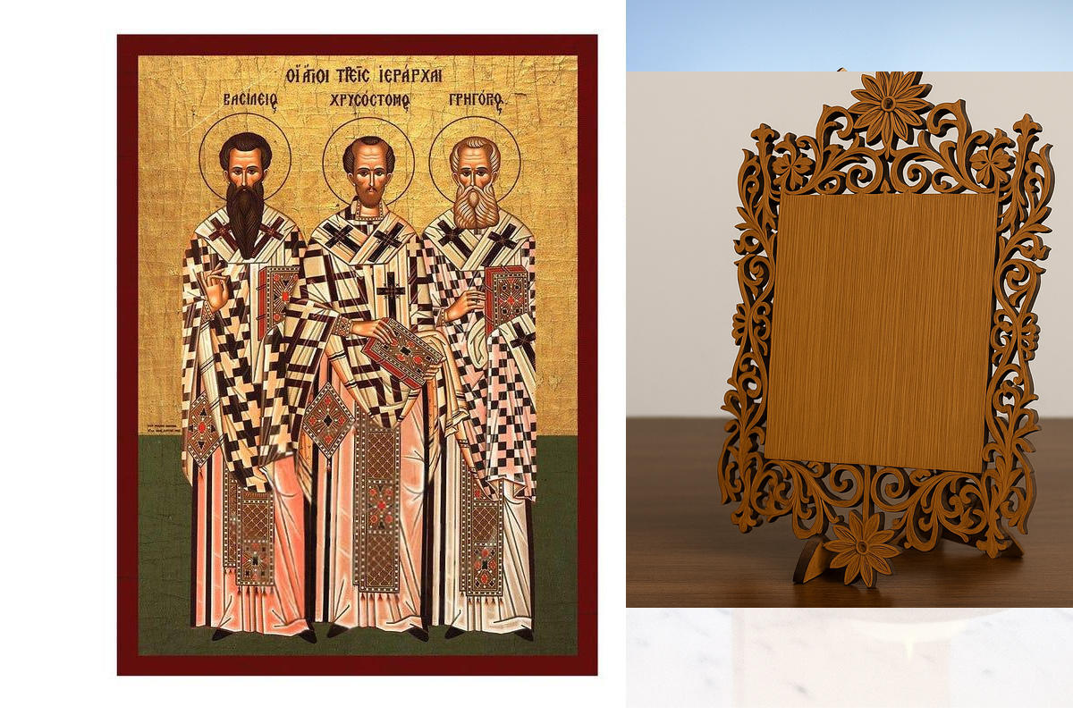 Εικόνα Ορθοδοξίας Δαντέλα μαζι με  Βάση σε  8 χρώματα με περίγραμμα χρυσό σε ξύλο Plywood (Πλακάζ)   με  βάση Ιεράρχες Άγιοι Βασίλειος ο Μέγας, Γρηγόριος ο Θεολόγος και Ιωάννης Χρυσόστομος Εικόνα, επιτοίχια βυζαντινή τέχνη, χριστιανικό δώρο Διάσταση 40x30