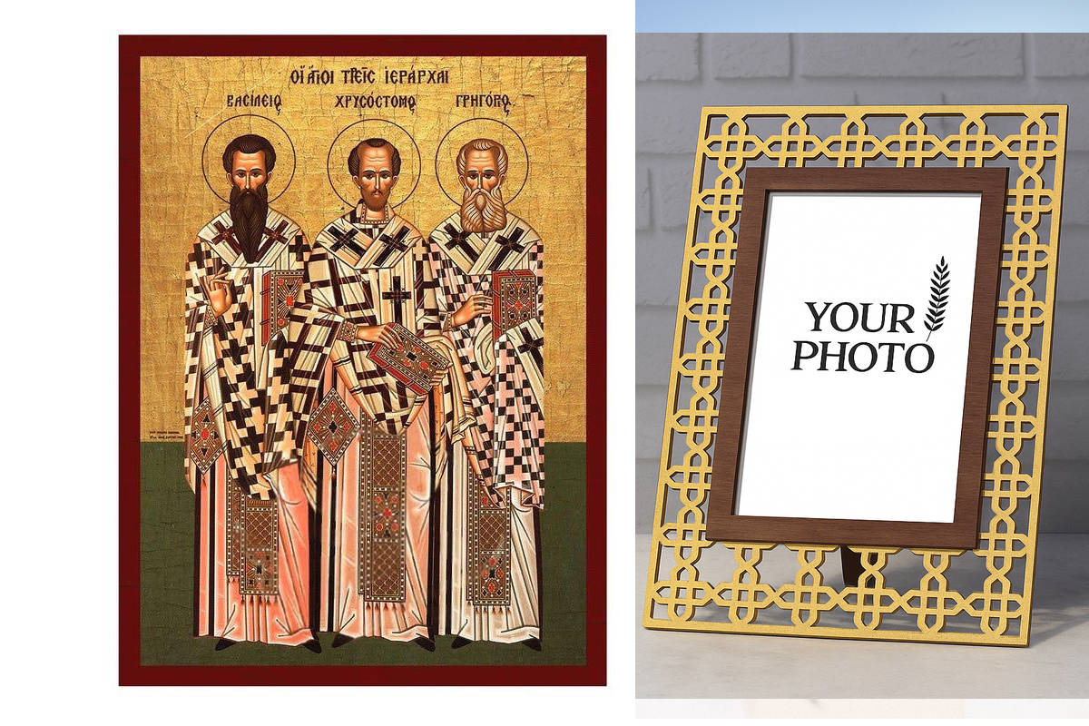Σετ 2 τεμαχίων – Εικόνα Ορθοδοξίας Πολυτελείας  με  σχεδιο Σταυρούς μαζι με  Βάση σε  8 χρώματα με περίγραμμα χρυσό σε ξύλο Plywood (Πλακάζ)   με  βάση Ιεράρχες Άγιοι Βασίλειος ο Μέγας, Γρηγόριος ο Θεολόγος και Ιωάννης Χρυσόστομος Εικόνα, επιτοίχια βυζαντ