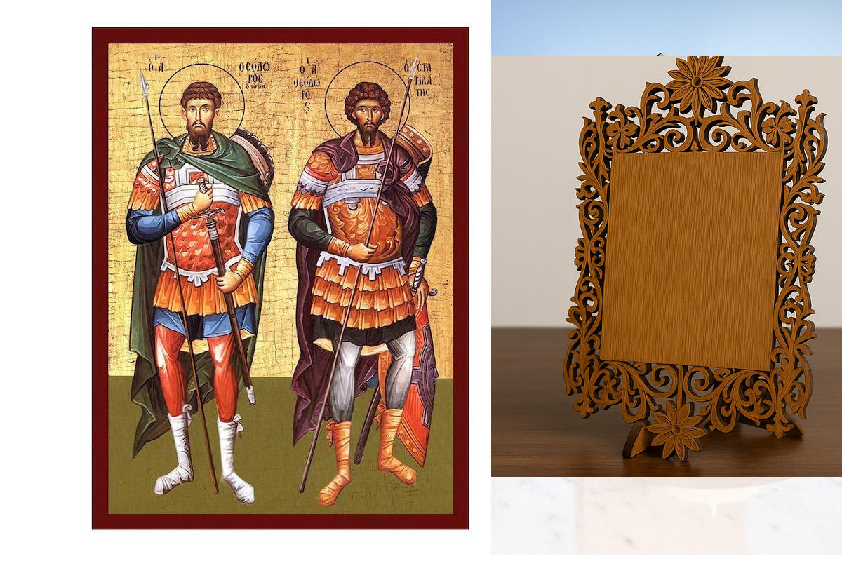 Σετ 2 τεμαχίων – Εικόνα Ορθοδοξίας Δαντέλα μαζι με  Βάση σε  8 χρώματα με περίγραμμα χρυσό σε ξύλο Plywood (Πλακάζ)   με  βάση Άγιοι Θεόδωρος ο Τύρος και Θεόδωρος ο Στρατηλάτης εικόνα, Χειροποίητη ελληνική εικόνα, επιτοίχια πλάκα βυζαντινής τέχνης, χριστι