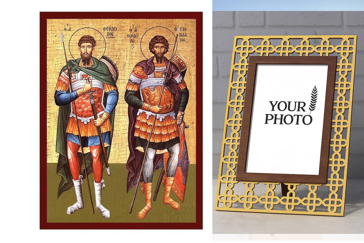 Εικόνα Ορθοδοξίας Πολυτελείας  με  σχεδιο Σταυρούς μαζι με  Βάση σε  8 χρώματα με περίγραμμα χρυσό σε ξύλο Plywood (Πλακάζ)   με  βάση Άγιοι Θεόδωρος ο Τύρος και Θεόδωρος ο Στρατηλάτης εικόνα, Χειροποίητη ελληνική εικόνα, επιτοίχια πλάκα βυζαντινής τέχνης