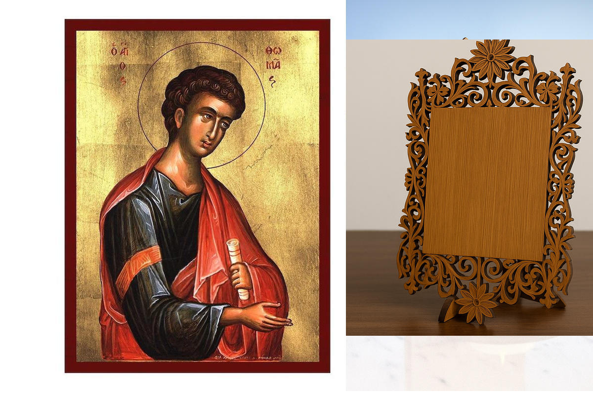 Εικόνα Ορθοδοξίας Δαντέλα μαζι με  Βάση σε  8 χρώματα με περίγραμμα χρυσό σε ξύλο Plywood (Πλακάζ)   με  βάση Εικόνα Αγίου Θωμά του Αποστόλου, Χειροποίητη ελληνική εικόνα του Αγίου Θωμά, επιτοίχια πλάκα βυζαντινής τέχνης, χριστιανικό δώρο Διάσταση 40x30 c