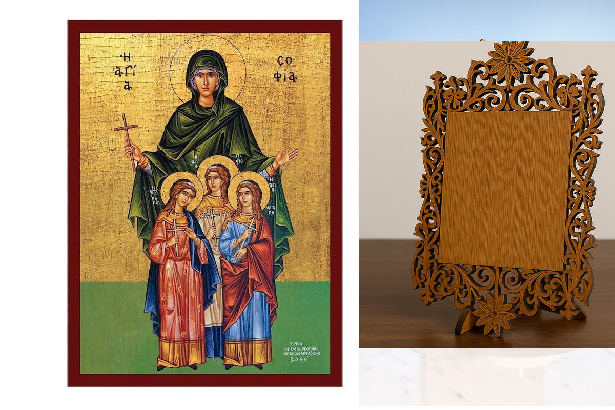 Εικόνα Ορθοδοξίας Δαντέλα μαζι με  Βάση σε  8 χρώματα με περίγραμμα χρυσό σε ξύλο Plywood (Πλακάζ)   με  βάση Εικόνα της Σοφίας και των Τριών της Κόρες, Χειροποίητη Ελληνική εικόνα της Αγίας Σοφίας, Κρεμαστή πλάκα βυζαντινής τέχνης, χριστιανικό δώρο Διάστ