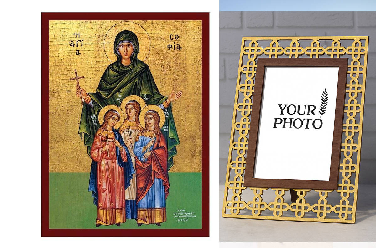 Εικόνα Ορθοδοξίας Πολυτελείας  με  σχεδιο Σταυρούς μαζι με  Βάση σε  8 χρώματα με περίγραμμα χρυσό σε ξύλο Plywood (Πλακάζ)   με  βάση Εικόνα της Σοφίας και των Τριών της Κόρες, Χειροποίητη Ελληνική εικόνα της Αγίας Σοφίας, Κρεμαστή πλάκα βυζαντινής τέχνη