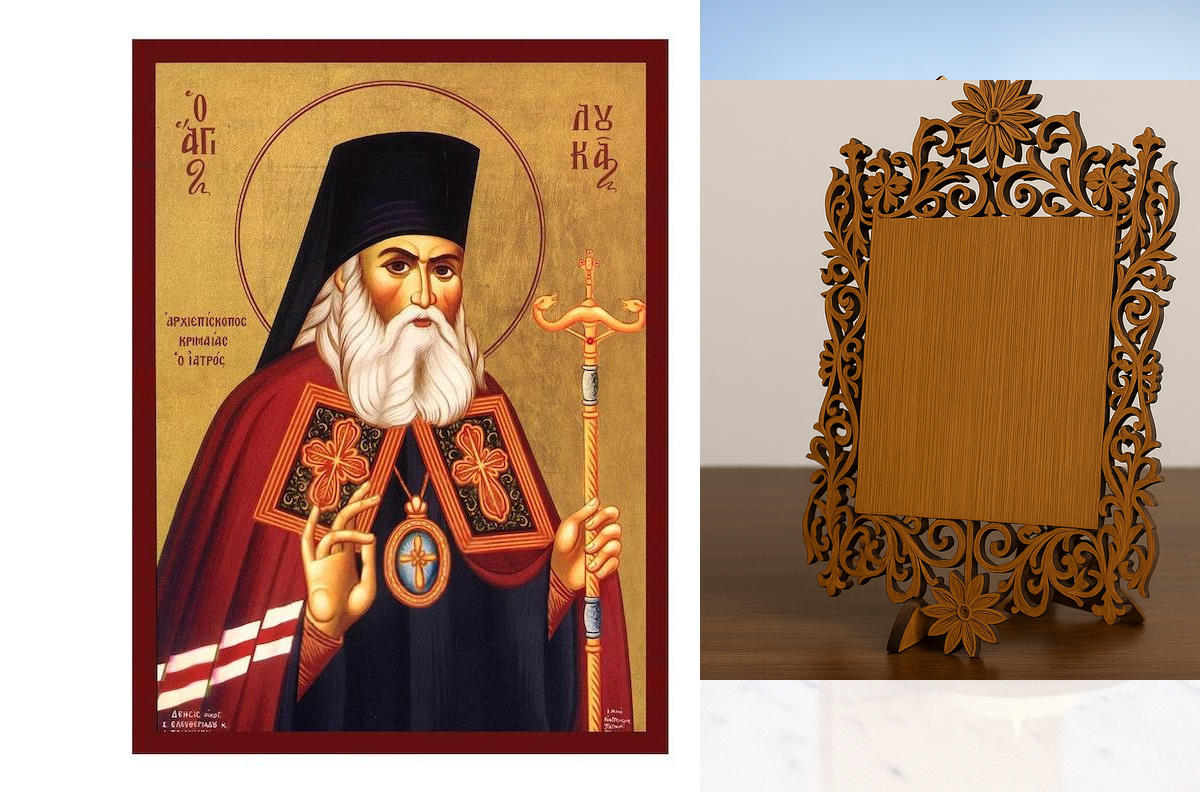 Εικόνα Ορθοδοξίας Δαντέλα μαζι με  Βάση σε  8 χρώματα με περίγραμμα χρυσό σε ξύλο Plywood (Πλακάζ)   με  βάση Εικόνα Αγίου Λουκά του Γιατρού, Χειροποίητη Ελληνική εικόνα του Αγίου Λουκά, επιτοίχια πλάκα βυζαντινής τέχνης, χριστιανικό δώρο Διάσταση 45x35 c