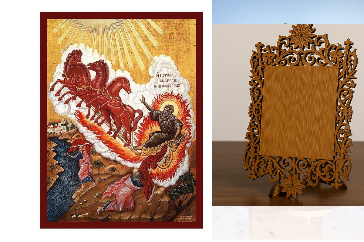 Εικόνα Ορθοδοξίας Δαντέλα μαζι με  Βάση σε  8 χρώματα με περίγραμμα χρυσό σε ξύλο Plywood (Πλακάζ)   με  βάση Εικόνα Προφήτη Ηλία, Χειροποίητη Βυζαντινή εικόνα του Προφήτη Ηλία, Κρεμαστή πλάκα θρησκευτικής τέχνης, Χριστιανικό δώρο Διάσταση 45x35 cm (17,7