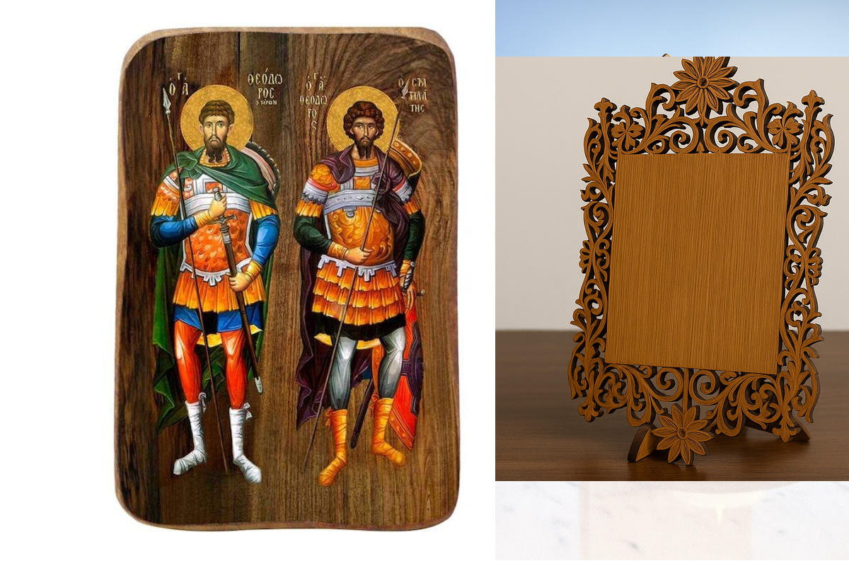 Σετ 2 τεμαχίων – Εικόνα Ορθοδοξίας Δαντέλα μαζι με  Βάση σε  8 χρώματα με περίγραμμα χρυσό σε ξύλο Plywood (Πλακάζ)   με  βάση Μπομπονιέρα Βάπτισης Άγιος Θεόδωρος Σετ 20 τεμαχίων, Εικόνα Βάπτισης, Μπομπονιέρα Χειροποίητη Βυζαντινή εικόνα 9x6cm, Χριστιανικ