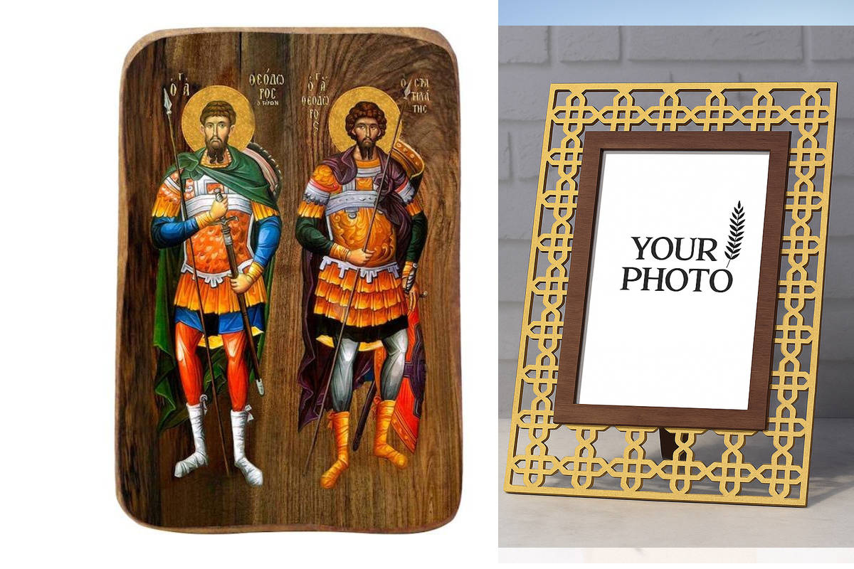 Σετ 2 τεμαχίων – Εικόνα Ορθοδοξίας Πολυτελείας  με  σχεδιο Σταυρούς μαζι με  Βάση σε  8 χρώματα με περίγραμμα χρυσό σε ξύλο Plywood (Πλακάζ)   με  βάση Μπομπονιέρα Βάπτισης Άγιος Θεόδωρος Σετ 20 τεμαχίων, Εικόνα Βάπτισης, Μπομπονιέρα Χειροποίητη Βυζαντινή