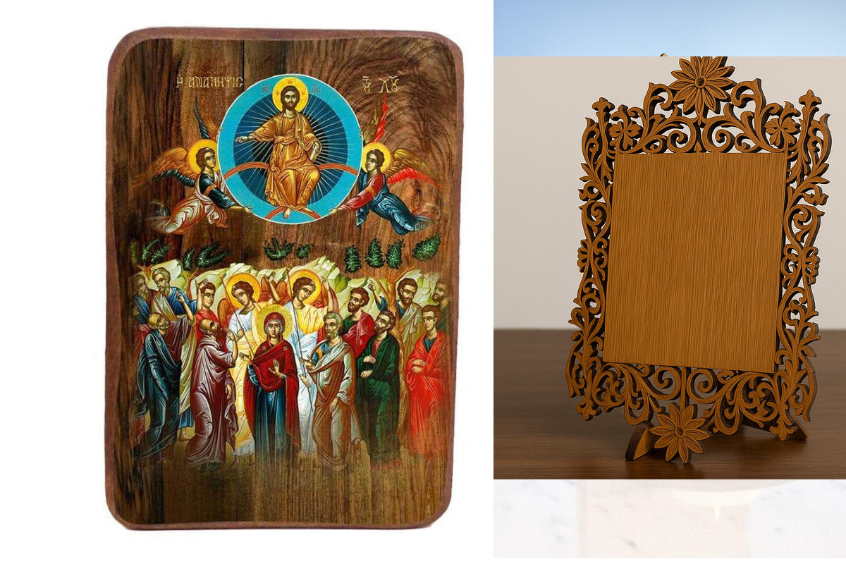 Σετ 2 τεμαχίων – Εικόνα Ορθοδοξίας Δαντέλα μαζι με  Βάση σε  8 χρώματα με περίγραμμα χρυσό σε ξύλο Plywood (Πλακάζ)   με  βάση Μπομπονιέρα Βάπτισης Ανάληψη του Κυρίου Σετ 20 τεμαχίων, Εικόνα Βάπτισης, Χειροποίητη Βυζαντινή εικόνα Bomboniera 9x6cm, Χριστια
