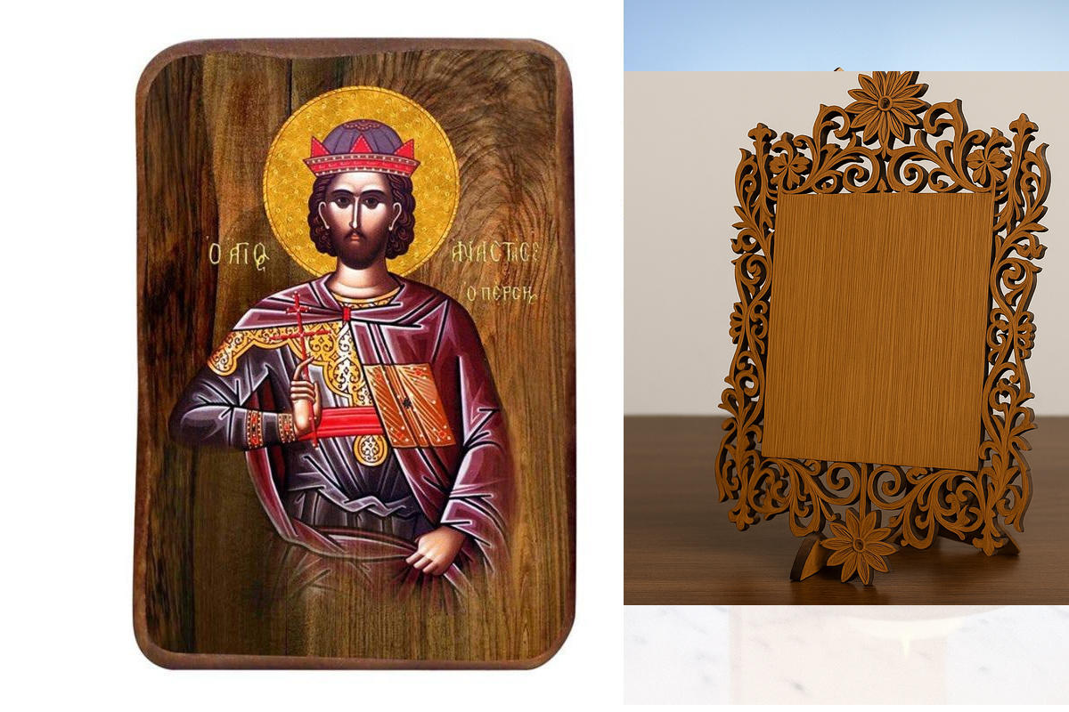 Σετ 2 τεμαχίων – Εικόνα Ορθοδοξίας Δαντέλα μαζι με  Βάση σε  8 χρώματα με περίγραμμα χρυσό σε ξύλο Plywood (Πλακάζ)   με  βάση Μπομπονιέρα Βάπτισης Άγιος Αναστάσιος ο Πέρσης Σετ 20 τεμαχίων, Εικόνα Βάπτισης, Χειροποίητη Βυζαντινή εικόνα Bomboniera 9x6cm,