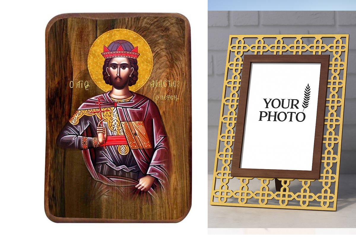 Εικόνα Ορθοδοξίας Πολυτελείας  με  σχεδιο Σταυρούς μαζι με  Βάση σε  8 χρώματα με περίγραμμα χρυσό σε ξύλο Plywood (Πλακάζ)   με  βάση Μπομπονιέρα Βάπτισης Άγιος Αναστάσιος ο Πέρσης Σετ 20 τεμαχίων, Εικόνα Βάπτισης, Χειροποίητη Βυζαντινή εικόνα Bomboniera