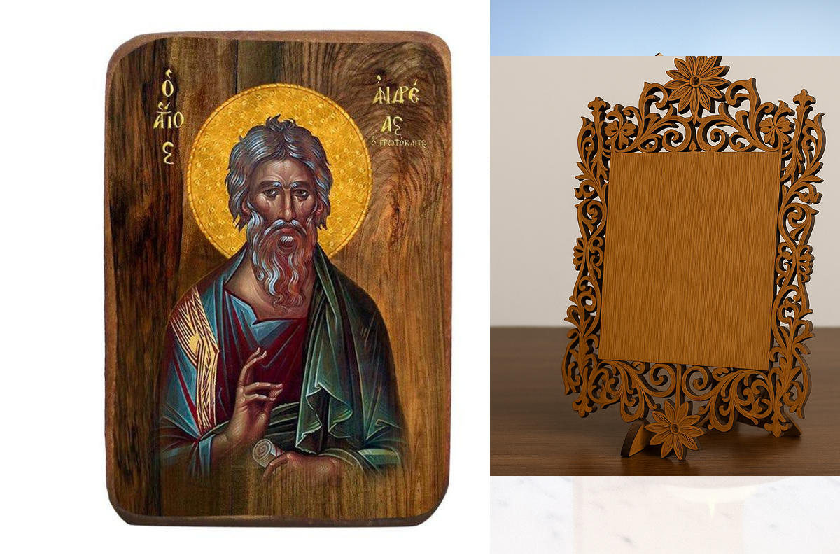 Σετ 2 τεμαχίων – Εικόνα Ορθοδοξίας Δαντέλα μαζι με  Βάση σε  8 χρώματα με περίγραμμα χρυσό σε ξύλο Plywood (Πλακάζ)   με  βάση Μπομπονιέρα Βάπτισης Άγιος Ανδρέας Σετ 20 τεμαχίων, Εικόνα Βάπτισης, Χειροποίητη Βυζαντινή εικόνα Bomboniera 9x6cm, Χριστιανικό