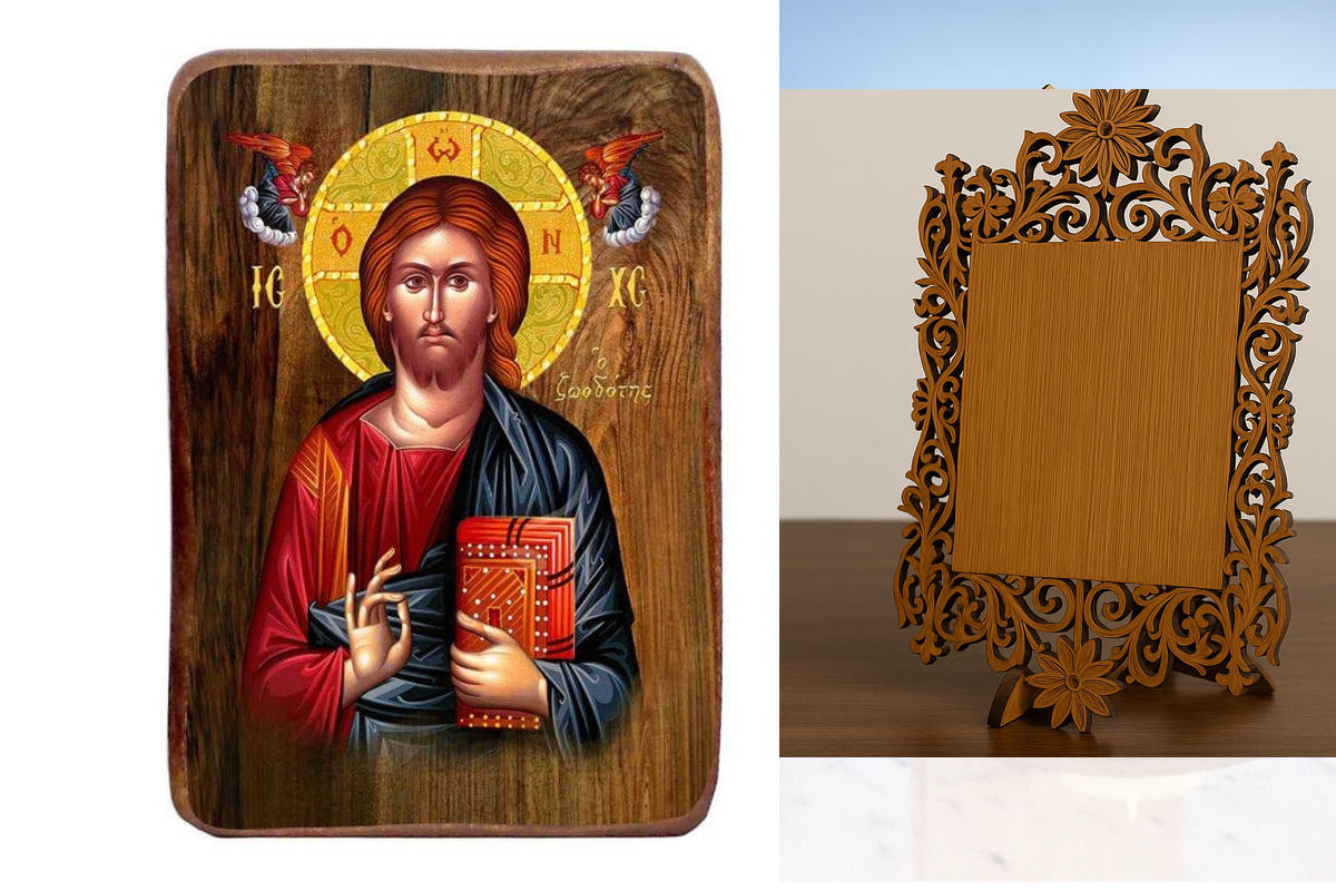 Σετ 2 τεμαχίων – Εικόνα Ορθοδοξίας Δαντέλα μαζι με  Βάση σε  8 χρώματα με περίγραμμα χρυσό σε ξύλο Plywood (Πλακάζ)   με  βάση Χριστός ο Ζωοδόχος Σετ 20 τεμαχίων, Εικόνα Βάπτισης, Χειροποίητη Βυζαντινή εικόνα Bomboniera 9x6cm, Χριστιανικό Δώρο Διάσταση 15