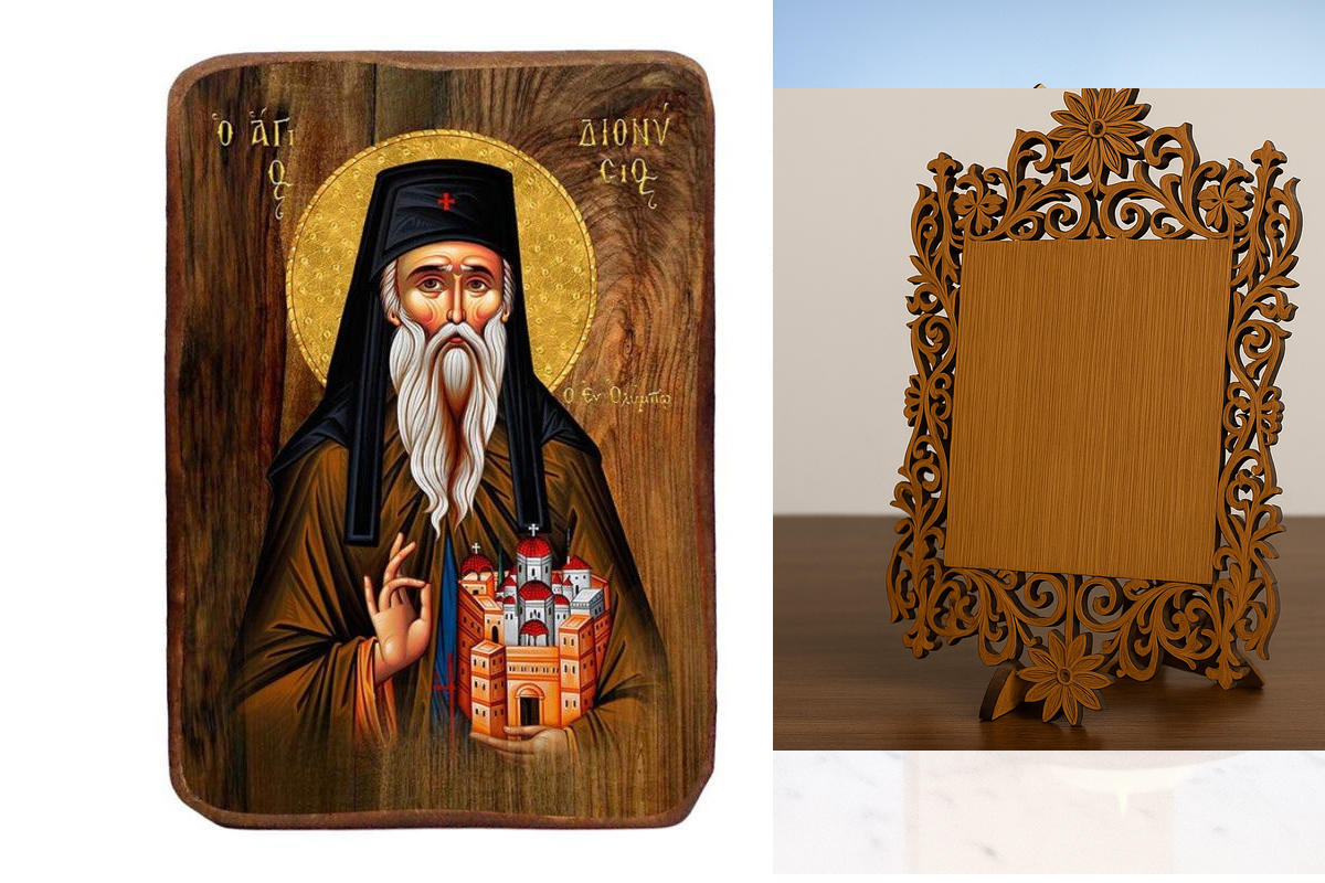 Σετ 2 τεμαχίων – Εικόνα Ορθοδοξίας Δαντέλα μαζι με  Βάση σε  8 χρώματα με περίγραμμα χρυσό σε ξύλο Plywood (Πλακάζ)   με  βάση Μπομπονιέρα Βάπτισης Άγιος Διονύσιος Ολύμπου Σετ 20 τεμαχίων, Εικόνα Βάπτισης, Βομπονιέρα Χειροποίητη Βυζαντινή εικόνα 9x6cm, Χρ