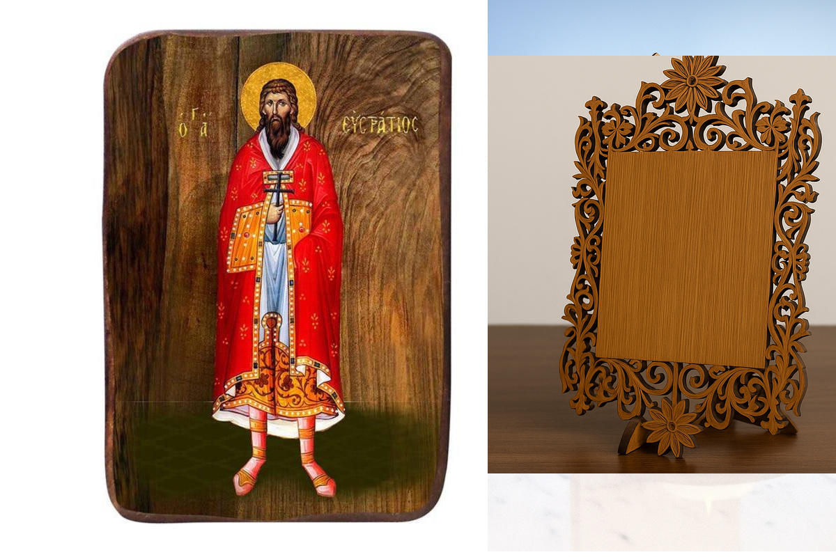 Σετ 2 τεμαχίων – Εικόνα Ορθοδοξίας Δαντέλα μαζι με  Βάση σε  8 χρώματα με περίγραμμα χρυσό σε ξύλο Plywood (Πλακάζ)   με  βάση Μπομπονιέρα Βάπτισης Άγιος Ευστράτιος Σετ 20 τεμαχίων, Εικόνα Βάπτισης, Μπομπονιέρα Χειροποίητη Βυζαντινή εικόνα 9x6cm, Χριστιαν