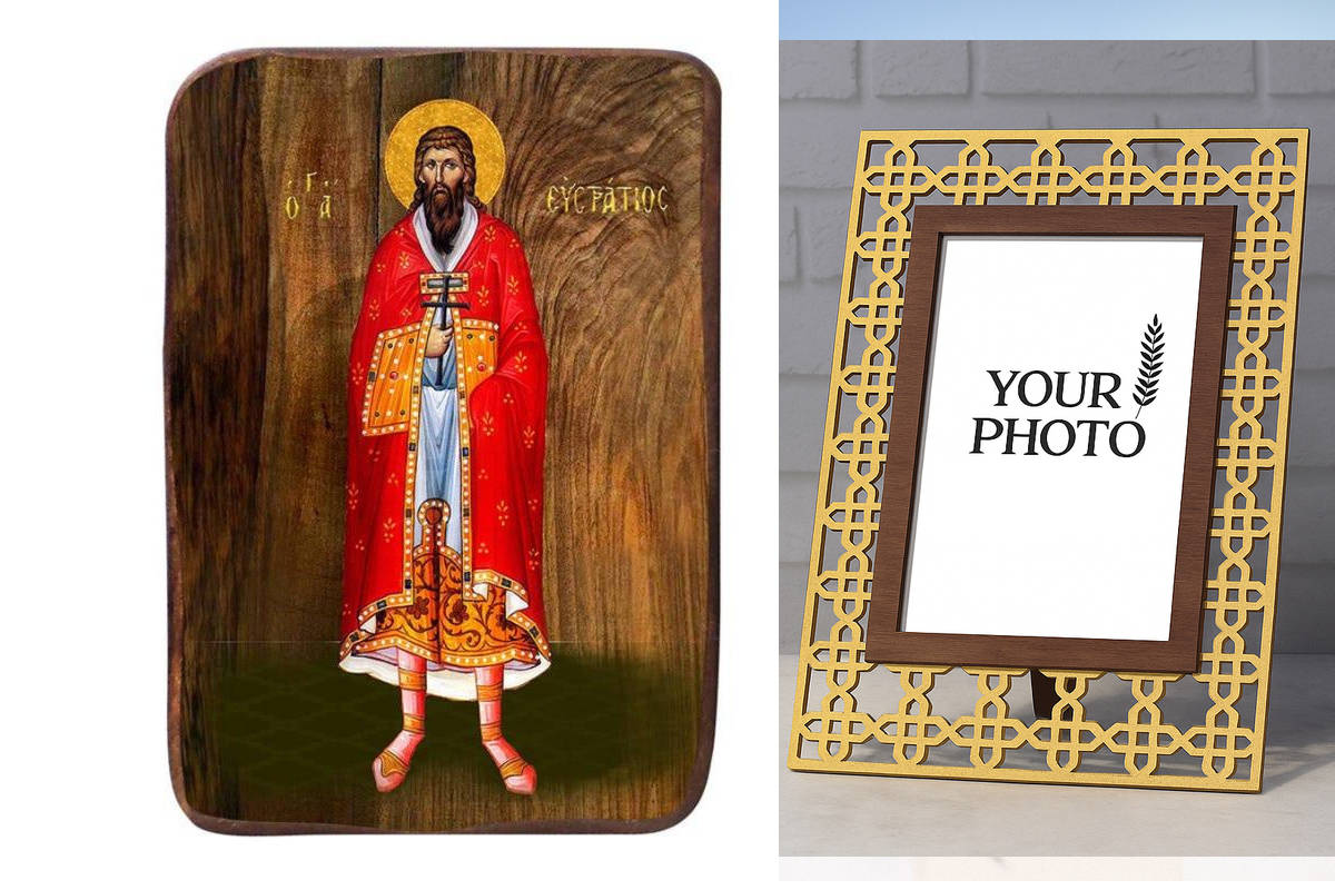 Σετ 2 τεμαχίων – Εικόνα Ορθοδοξίας Πολυτελείας  με  σχεδιο Σταυρούς μαζι με  Βάση σε  8 χρώματα με περίγραμμα χρυσό σε ξύλο Plywood (Πλακάζ)   με  βάση Μπομπονιέρα Βάπτισης Άγιος Ευστράτιος Σετ 20 τεμαχίων, Εικόνα Βάπτισης, Μπομπονιέρα Χειροποίητη Βυζαντι