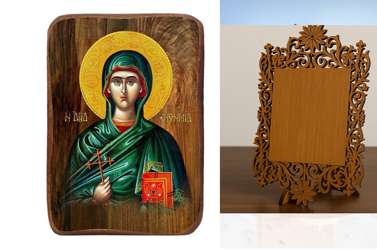 Σετ 2 τεμαχίων – Εικόνα Ορθοδοξίας Δαντέλα μαζι με  Βάση σε  8 χρώματα με περίγραμμα χρυσό σε ξύλο Plywood (Πλακάζ)   με  βάση Μπομπονιέρα Βάπτισης Αγίας Ευφημίας Σετ 20 τεμαχίων, Εικόνα Βάπτισης, Μπομπονιέρα Χειροποίητη Βυζαντινή εικόνα 9x6cm, Χριστιανικ