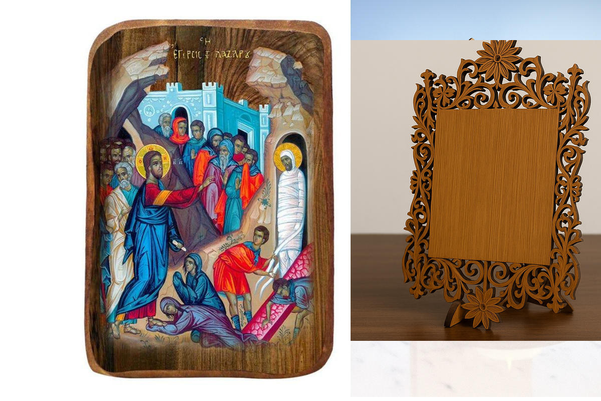 Σετ 2 τεμαχίων – Εικόνα Ορθοδοξίας Δαντέλα μαζι με  Βάση σε  8 χρώματα με περίγραμμα χρυσό σε ξύλο Plywood (Πλακάζ)   με  βάση Μπομπονιέρα Βάπτισης Η Ανάσταση του Λαζάρου Σετ 20 τεμαχίων, Εικόνα Βάπτισης, Χειροποίητη Βυζαντινή εικόνα Bomboniera 9x6cm, Χρι