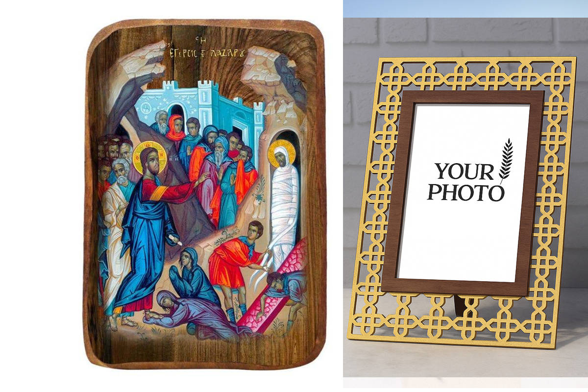 Εικόνα Ορθοδοξίας Πολυτελείας  με  σχεδιο Σταυρούς μαζι με  Βάση σε  8 χρώματα με περίγραμμα χρυσό σε ξύλο Plywood (Πλακάζ)   με  βάση Μπομπονιέρα Βάπτισης Η Ανάσταση του Λαζάρου Σετ 20 τεμαχίων, Εικόνα Βάπτισης, Χειροποίητη Βυζαντινή εικόνα Bomboniera 9x