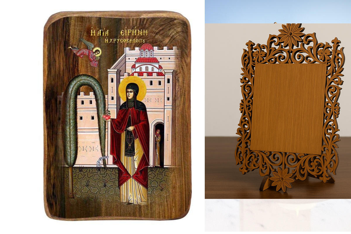 Σετ 2 τεμαχίων – Εικόνα Ορθοδοξίας Δαντέλα μαζι με  Βάση σε  8 χρώματα με περίγραμμα χρυσό σε ξύλο Plywood (Πλακάζ)   με  βάση Μπομπονιέρα Βάπτισης Αγίας Ειρήνης Χρυσοβαλάντου Σετ 20 τεμαχίων, Εικόνα Βάπτισης, Μπομπονιέρα Χειροποίητη Βυζαντινή εικόνα 9x6c