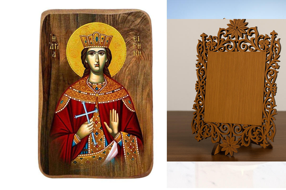 Εικόνα Ορθοδοξίας Δαντέλα μαζι με  Βάση σε  8 χρώματα με περίγραμμα χρυσό σε ξύλο Plywood (Πλακάζ)   με  βάση Μπομπονιέρα Βάπτισης Αγίας Ειρήνης Σετ 20 τεμαχίων, Εικόνα Βάπτισης, Χειροποίητη Βυζαντινή εικόνα Bomboniera 9x6cm, Χριστιανικό Δώρο Διάσταση 45x