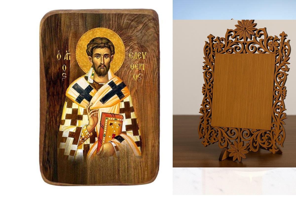 Σετ 2 τεμαχίων – Εικόνα Ορθοδοξίας Δαντέλα μαζι με  Βάση σε  8 χρώματα με περίγραμμα χρυσό σε ξύλο Plywood (Πλακάζ)   με  βάση Μπομπονιέρα Βάπτισης Άγιος Ελευθέριος Σετ 20 τεμαχίων, Εικόνα Βάπτισης, Μπομπονιέρα Χειροποίητη Βυζαντινή εικόνα 9x6cm, Χριστιαν