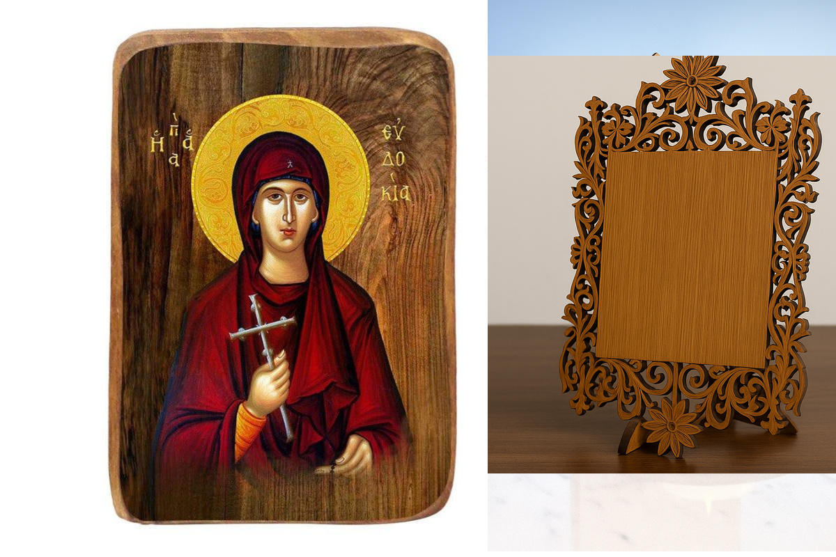 Σετ 2 τεμαχίων – Εικόνα Ορθοδοξίας Δαντέλα μαζι με  Βάση σε  8 χρώματα με περίγραμμα χρυσό σε ξύλο Plywood (Πλακάζ)   με  βάση Μπομπονιέρα Βάπτισης Αγίας Ευδοκίας Σετ 20 τεμαχίων, Εικόνα Βάπτισης, Μπομπονιέρα Χειροποίητη Βυζαντινή εικόνα 9x6cm, Χριστιανικ
