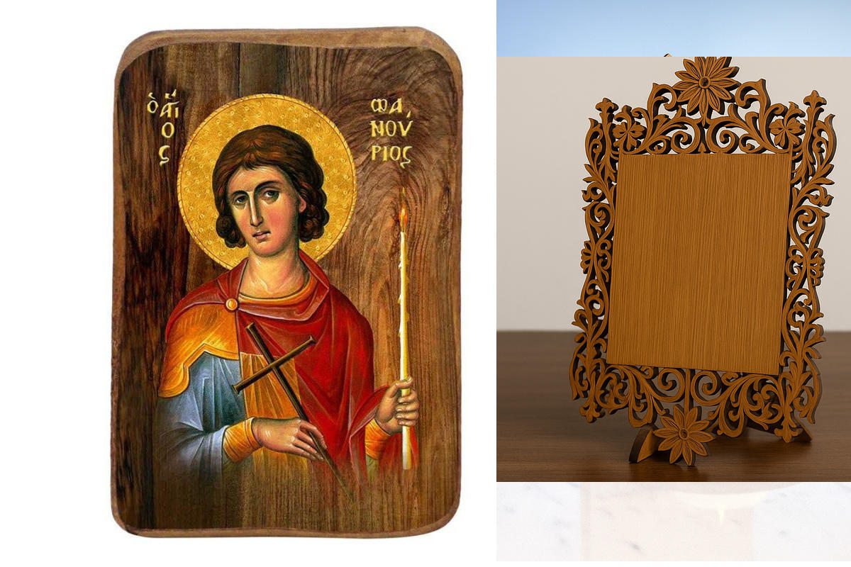 Σετ 2 τεμαχίων – Εικόνα Ορθοδοξίας Δαντέλα μαζι με  Βάση σε  8 χρώματα με περίγραμμα χρυσό σε ξύλο Plywood (Πλακάζ)   με  βάση Μπομπονιέρα Βάπτισης Άγιος Φανούριος Σετ 20 τεμαχίων, Εικόνα Βάπτισης, Μπομπονιέρα Χειροποίητη Βυζαντινή εικόνα 9x6cm, Χριστιανι