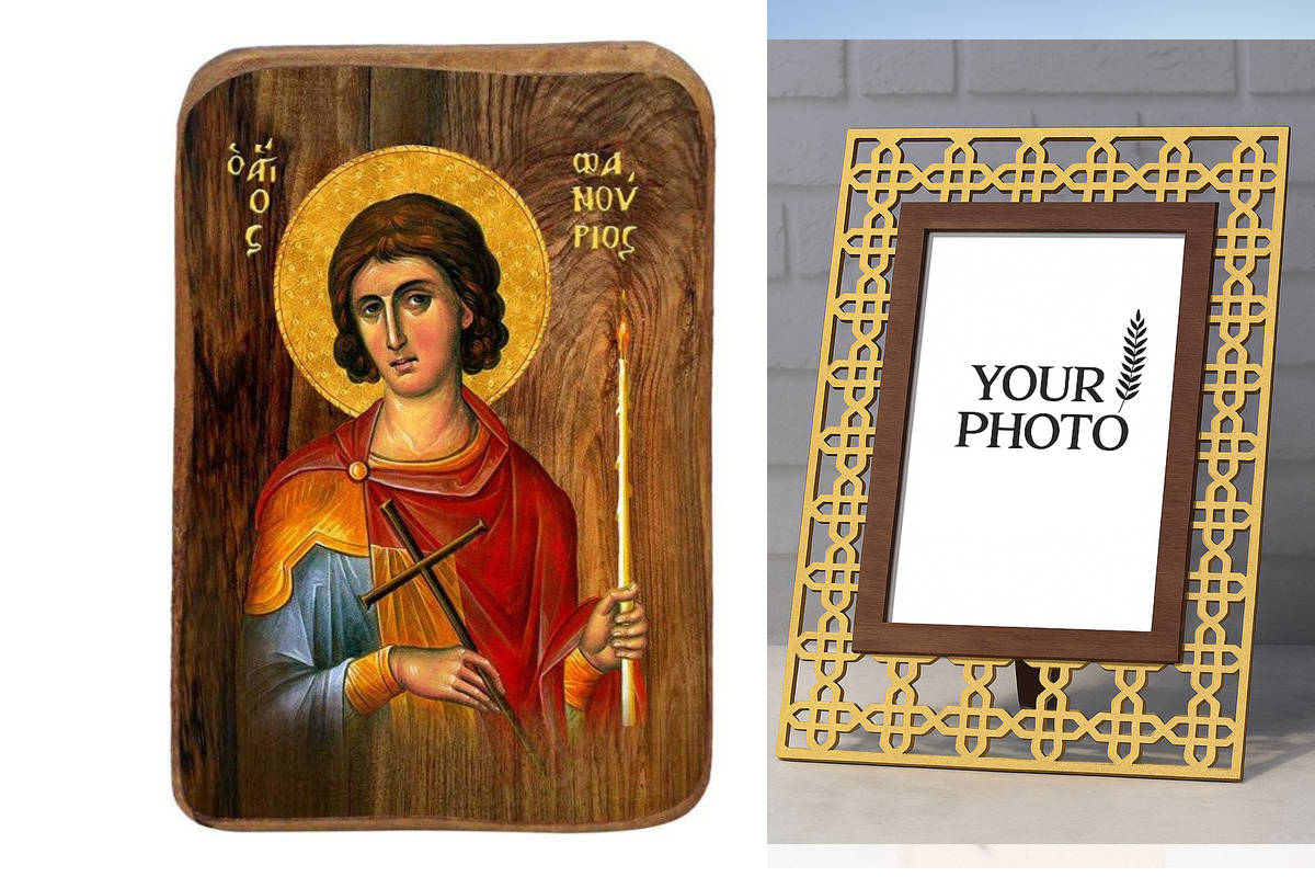 Σετ 2 τεμαχίων – Εικόνα Ορθοδοξίας Πολυτελείας  με  σχεδιο Σταυρούς μαζι με  Βάση σε  8 χρώματα με περίγραμμα χρυσό σε ξύλο Plywood (Πλακάζ)   με  βάση Μπομπονιέρα Βάπτισης Άγιος Φανούριος Σετ 20 τεμαχίων, Εικόνα Βάπτισης, Μπομπονιέρα Χειροποίητη Βυζαντιν