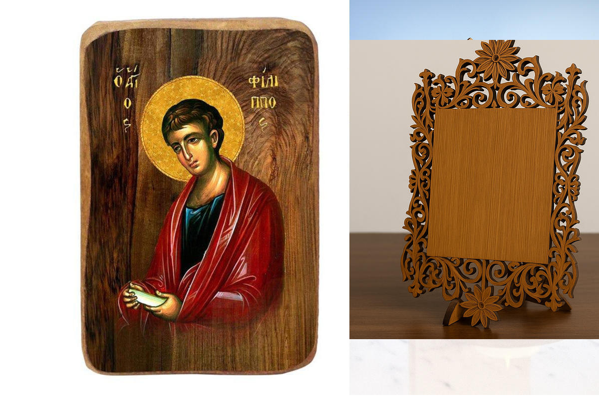 Σετ 2 τεμαχίων – Εικόνα Ορθοδοξίας Δαντέλα μαζι με  Βάση σε  8 χρώματα με περίγραμμα χρυσό σε ξύλο Plywood (Πλακάζ)   με  βάση Μπομπονιέρα Βάπτισης Άγιος Φίλιππος Σετ 20 τεμαχίων, Εικόνα Βάπτισης, Μπομπονιέρα Χειροποίητη Βυζαντινή εικόνα 9x6cm, Χριστιανικ