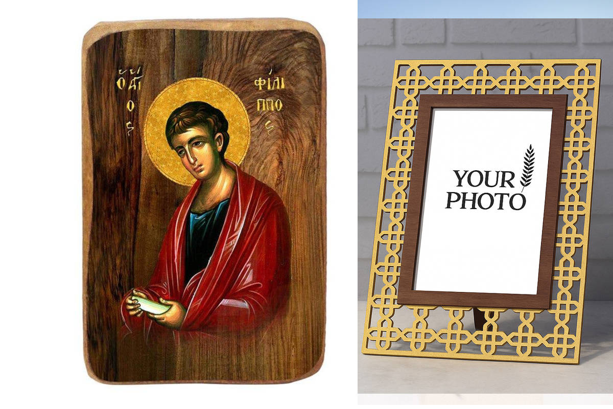 Σετ 2 τεμαχίων – Εικόνα Ορθοδοξίας Πολυτελείας  με  σχεδιο Σταυρούς μαζι με  Βάση σε  8 χρώματα με περίγραμμα χρυσό σε ξύλο Plywood (Πλακάζ)   με  βάση Μπομπονιέρα Βάπτισης Άγιος Φίλιππος Σετ 20 τεμαχίων, Εικόνα Βάπτισης, Μπομπονιέρα Χειροποίητη Βυζαντινή