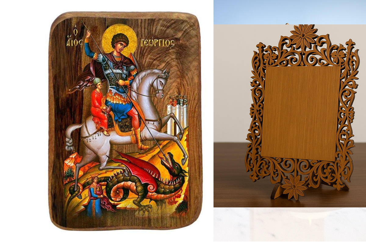 Σετ 2 τεμαχίων – Εικόνα Ορθοδοξίας Δαντέλα μαζι με  Βάση σε  8 χρώματα με περίγραμμα χρυσό σε ξύλο Plywood (Πλακάζ)   με  βάση Μπομπονιέρα Βάπτισης Άγιος Γεώργιος Σετ 20 τεμαχίων, Εικόνα Βάπτισης, Μπομπονιέρα Χειροποίητη Βυζαντινή εικόνα 9x6cm, Χριστιανικ