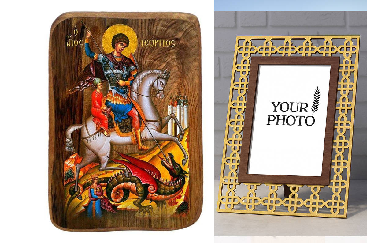 Σετ 2 τεμαχίων – Εικόνα Ορθοδοξίας Πολυτελείας  με  σχεδιο Σταυρούς μαζι με  Βάση σε  8 χρώματα με περίγραμμα χρυσό σε ξύλο Plywood (Πλακάζ)   με  βάση Μπομπονιέρα Βάπτισης Άγιος Γεώργιος Σετ 20 τεμαχίων, Εικόνα Βάπτισης, Μπομπονιέρα Χειροποίητη Βυζαντινή