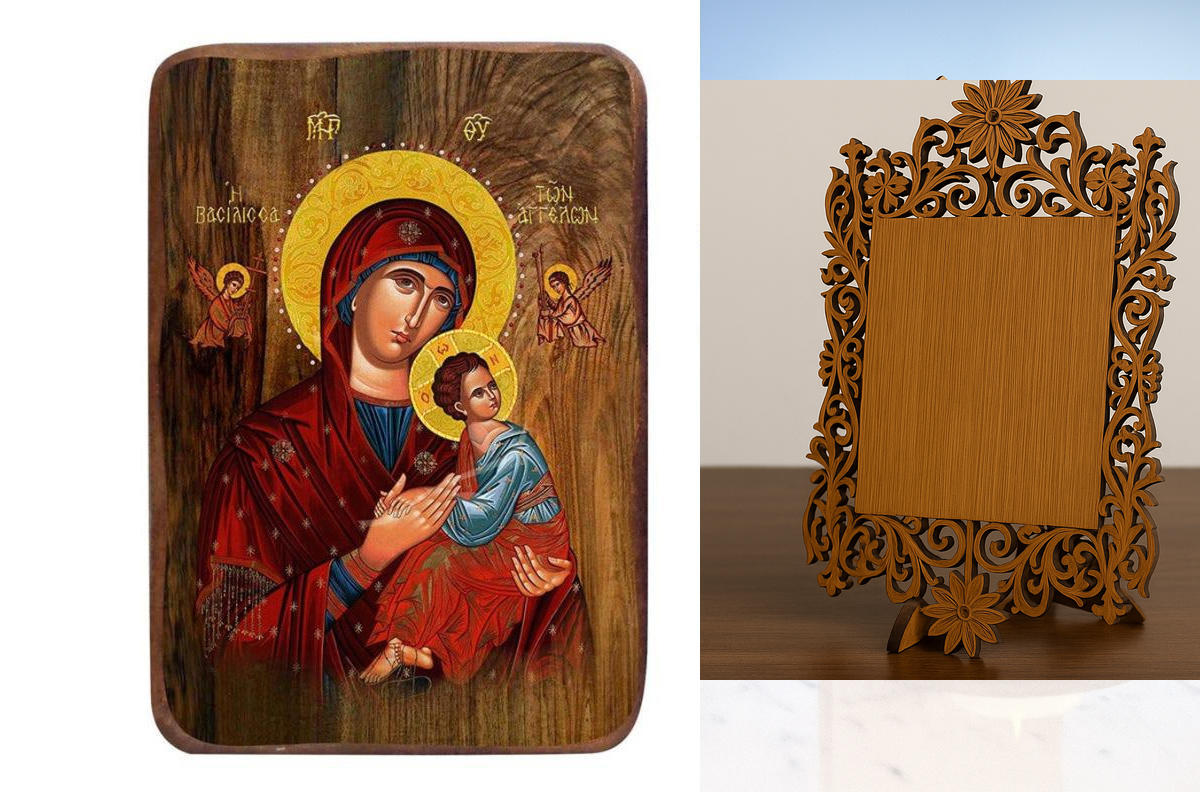 Σετ 2 τεμαχίων – Εικόνα Ορθοδοξίας Δαντέλα μαζι με  Βάση σε  8 χρώματα με περίγραμμα χρυσό σε ξύλο Plywood (Πλακάζ)   με  βάση Μπομπονιέρα Βάπτισης Παναγία Βασίλισσα των Αγγέλων Σετ 20 τεμαχίων, Εικόνα Βάπτισης, Χειροποίητη Βυζαντινή εικόνα Bomboniera 9x6