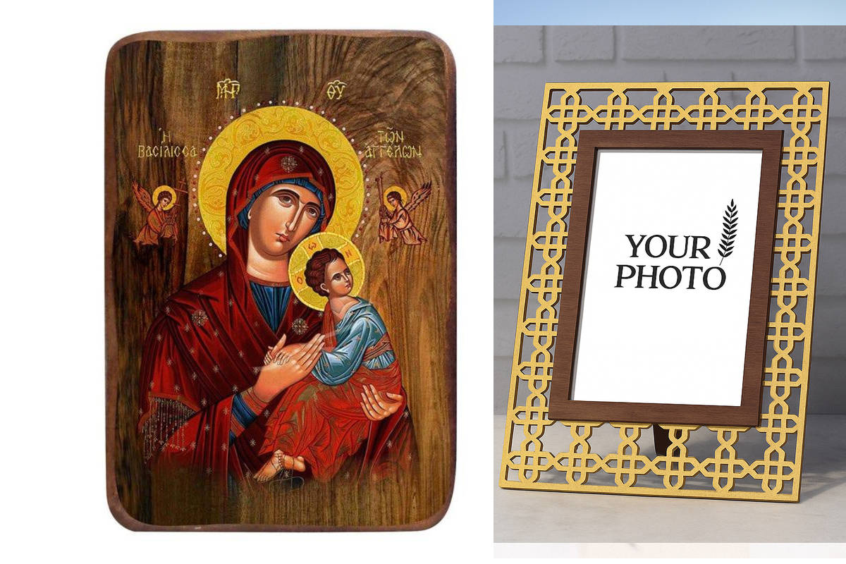 Σετ 2 τεμαχίων – Εικόνα Ορθοδοξίας Πολυτελείας  με  σχεδιο Σταυρούς μαζι με  Βάση σε  8 χρώματα με περίγραμμα χρυσό σε ξύλο Plywood (Πλακάζ)   με  βάση Μπομπονιέρα Βάπτισης Παναγία Βασίλισσα των Αγγέλων Σετ 20 τεμαχίων, Εικόνα Βάπτισης, Χειροποίητη Βυζαντ