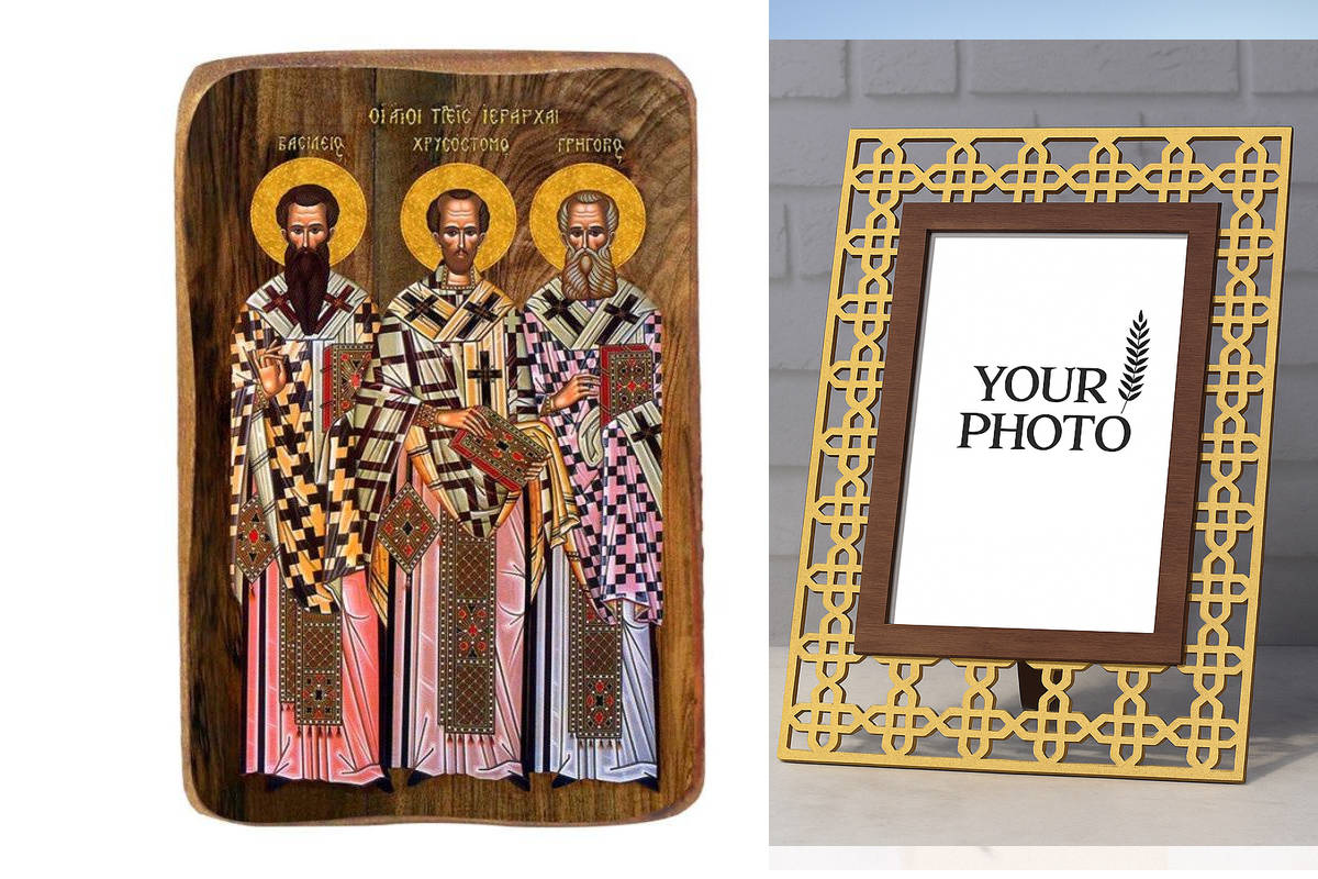 Σετ 2 τεμαχίων – Εικόνα Ορθοδοξίας Πολυτελείας  με  σχεδιο Σταυρούς μαζι με  Βάση σε  8 χρώματα με περίγραμμα χρυσό σε ξύλο Plywood (Πλακάζ)   με  βάση Μπομπονιέρα Βάπτισης Τρεις Ιεράρχες Σετ 20 τεμαχίων, Εικόνα Βάπτισης, Χειροποίητη Βυζαντινή εικόνα Bomb