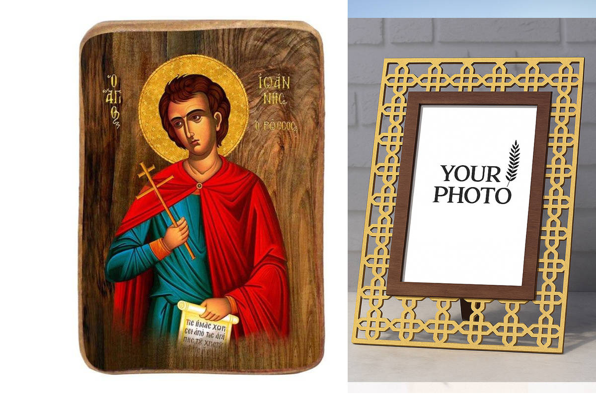 Εικόνα Ορθοδοξίας Πολυτελείας  με  σχεδιο Σταυρούς μαζι με  Βάση σε  8 χρώματα με περίγραμμα χρυσό σε ξύλο Plywood (Πλακάζ)   με  βάση Μπομπονιέρα Βάπτισης Άγιος Ιωάννης ο Ρώσος Σετ 20 τεμαχίων, Εικόνα Βάπτισης, Χειροποίητη Βυζαντινή εικόνα Bomboniera 9x6