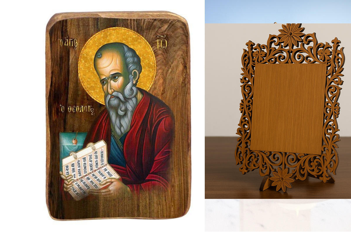 Σετ 2 τεμαχίων – Εικόνα Ορθοδοξίας Δαντέλα μαζι με  Βάση σε  8 χρώματα με περίγραμμα χρυσό σε ξύλο Plywood (Πλακάζ)   με  βάση Μπομπονιέρα Βάπτισης Άγιος Ιωάννης ο Ευαγγελιστής Σετ 20 τεμαχίων, Εικόνα Βάπτισης, Χειροποίητη Βυζαντινή εικόνα Bomboniera 9x6c