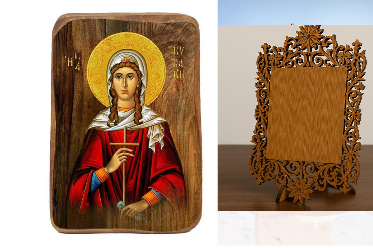 Σετ 2 τεμαχίων – Εικόνα Ορθοδοξίας Δαντέλα μαζι με  Βάση σε  8 χρώματα με περίγραμμα χρυσό σε ξύλο Plywood (Πλακάζ)   με  βάση Μπομπονιέρα Βάπτισης Αγίας Κυριάκας Σετ 20 τεμαχίων, Εικόνα Βάπτισης, Μπομπονιέρα Χειροποίητη Βυζαντινή εικόνα 9x6cm, Χριστιανικ