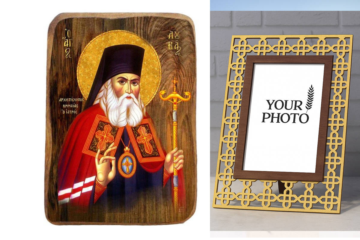 Εικόνα Ορθοδοξίας Πολυτελείας  με  σχεδιο Σταυρούς μαζι με  Βάση σε  8 χρώματα με περίγραμμα χρυσό σε ξύλο Plywood (Πλακάζ)   με  βάση Μπομπονιέρα Βάπτισης Άγιος Λουκάς ο Γιατρός Σετ 20 τεμαχίων, Εικόνα Βάπτισης, Βομπονιέρα Χειροποίητη Βυζαντινή εικόνα 9x