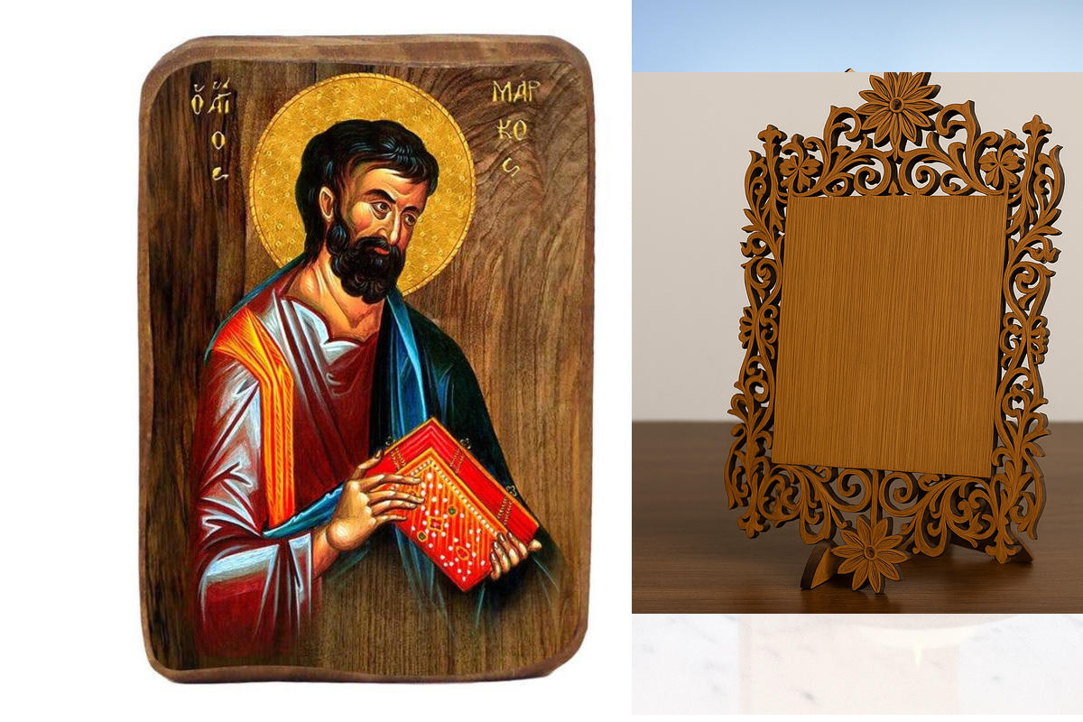 Εικόνα Ορθοδοξίας Δαντέλα μαζι με  Βάση σε  8 χρώματα με περίγραμμα χρυσό σε ξύλο Plywood (Πλακάζ)   με  βάση Μπομπονιέρα Βάπτισης Άγιος Μάρκος Σετ 20 τεμαχίων, Εικόνα Βάπτισης, Μπομπονιέρα Χειροποίητη Βυζαντινή εικόνα 9x6cm, Χριστιανικό Δώρο Διάσταση 10x