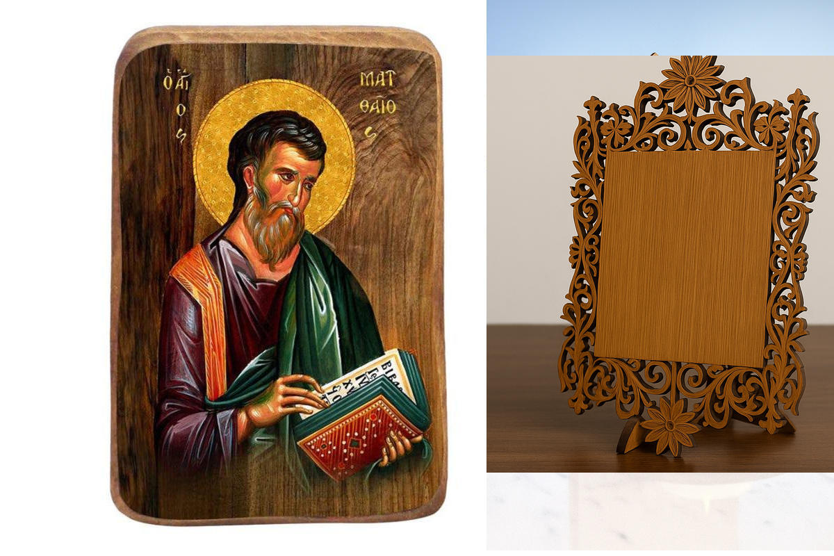 Σετ 2 τεμαχίων – Εικόνα Ορθοδοξίας Δαντέλα μαζι με  Βάση σε  8 χρώματα με περίγραμμα χρυσό σε ξύλο Plywood (Πλακάζ)   με  βάση Μπομπονιέρα Βάπτισης Αγίου Ματθαίου Σετ 20 τεμαχίων, Εικόνα Βάπτισης, Χειροποίητη Βυζαντινή εικόνα Bomboniera 9x6cm, Χριστιανικό