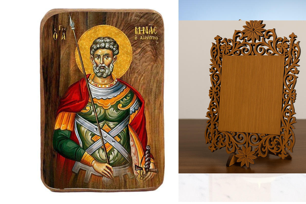 Σετ 2 τεμαχίων – Εικόνα Ορθοδοξίας Δαντέλα μαζι με  Βάση σε  8 χρώματα με περίγραμμα χρυσό σε ξύλο Plywood (Πλακάζ)   με  βάση Μπομπονιέρα Βάπτισης Αγίας Μίνας Σετ 20 τεμαχίων, Εικόνα Βάπτισης, Μπομπονιέρα Χειροποίητη Βυζαντινή εικόνα 9x6cm, Χριστιανικό Δ