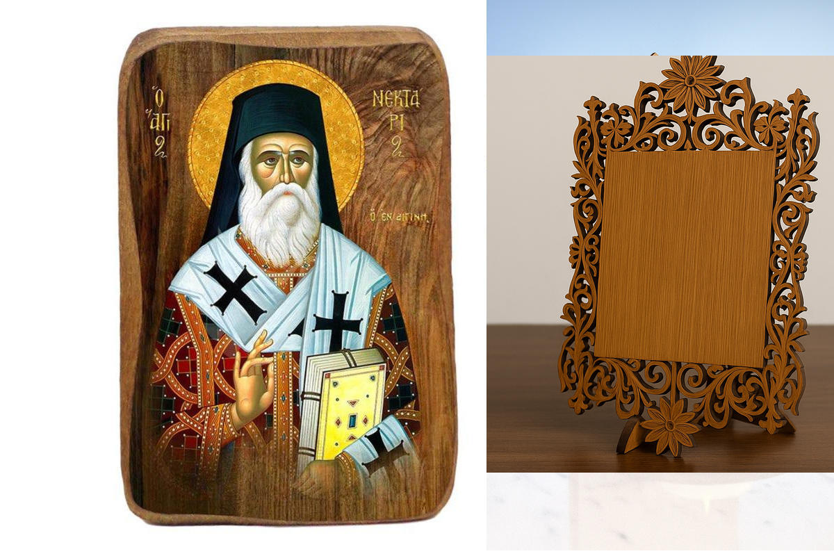 Εικόνα Ορθοδοξίας Δαντέλα μαζι με  Βάση σε  8 χρώματα με περίγραμμα χρυσό σε ξύλο Plywood (Πλακάζ)   με  βάση Μπομπονιέρα Βάπτισης Άγιος Νεκτάριος Σετ 20 τεμαχίων, Εικόνα Βάπτισης, Μπομπονιέρα Χειροποίητη Βυζαντινή εικόνα 9x6cm, Χριστιανικό Δώρο Διάσταση